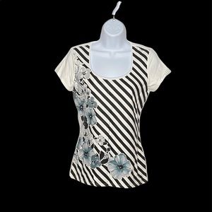 WHBM New Ecru & Black Stripe Fitted Scoop Neck T-Shirt